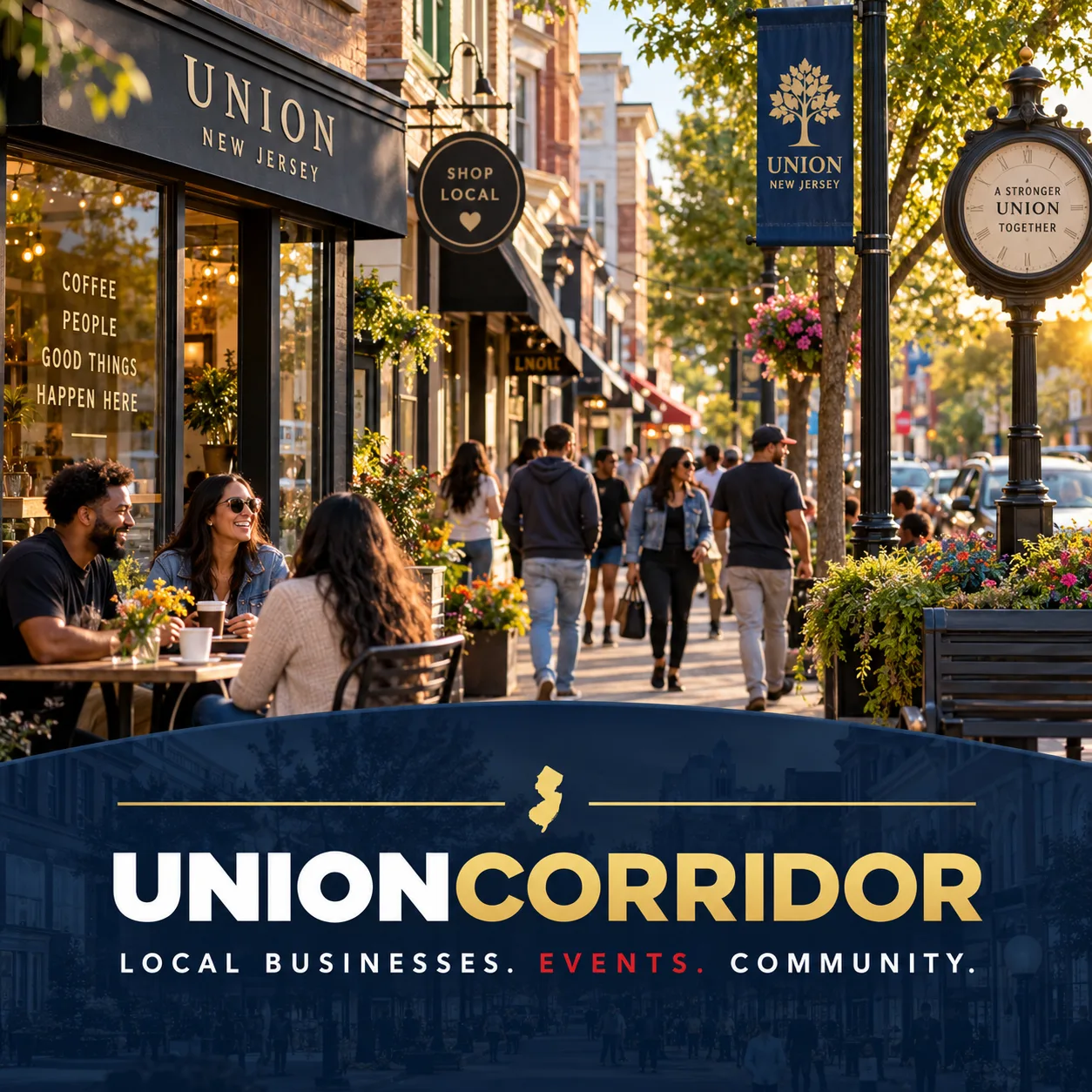 A stylized illustration celebrating local businesses, events, and community in Union, New Jersey.